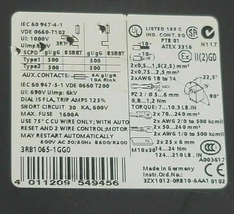 Used SIEMENS 3RB1065-1GG0 SOLID STATE OVERLOAD RELAY 3RB10651GG0
