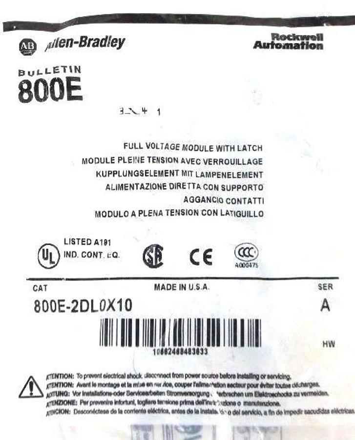 Used NIB ALLEN BRADLEY 800E-2DL0X10 FULL VOLTAGE MODULE WITH LATCH SER A 800E2DL0X10