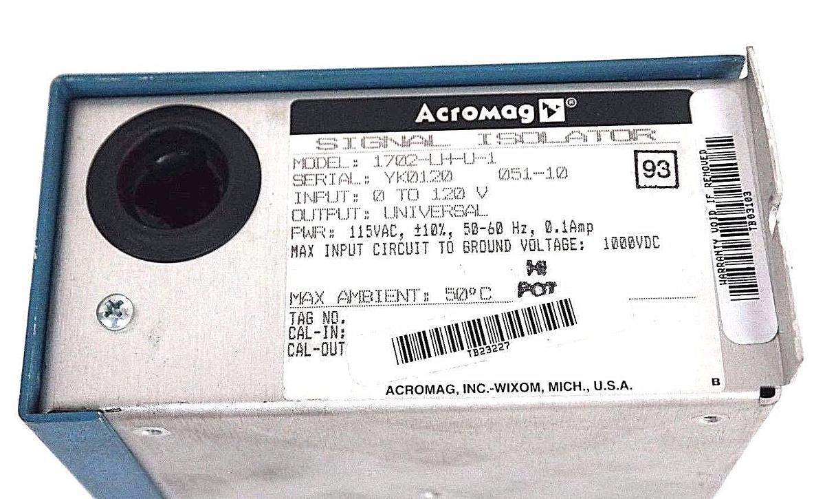 Used ACROMAG 1702-LH-U-1 SIGNAL ISOLATOR INPUT: 0 TO 120V OUTPUT: UNIVERSAL 115VAC