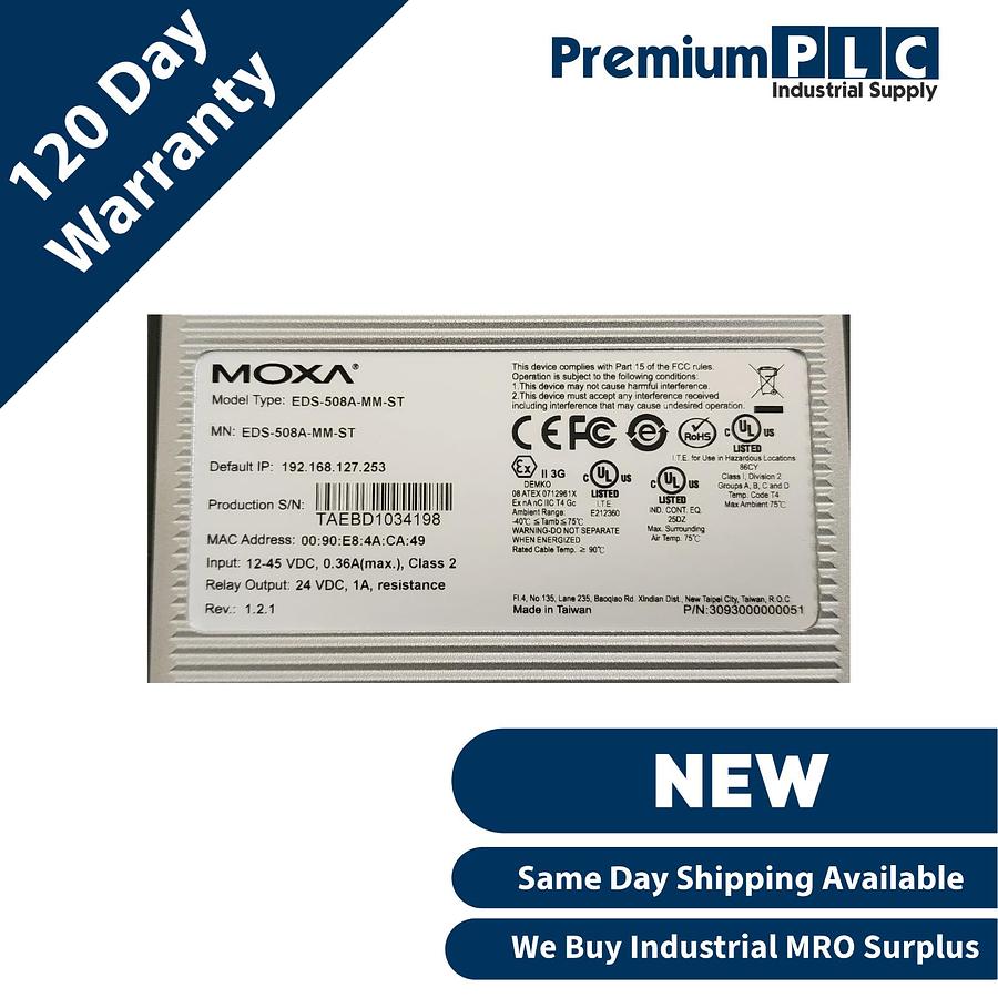 Used NEW MOXA EDS-508A-MM-ST 8 PORT ETHERNET SWITCH W/6-10/100BTX 2-MM ST FIBER PORTS