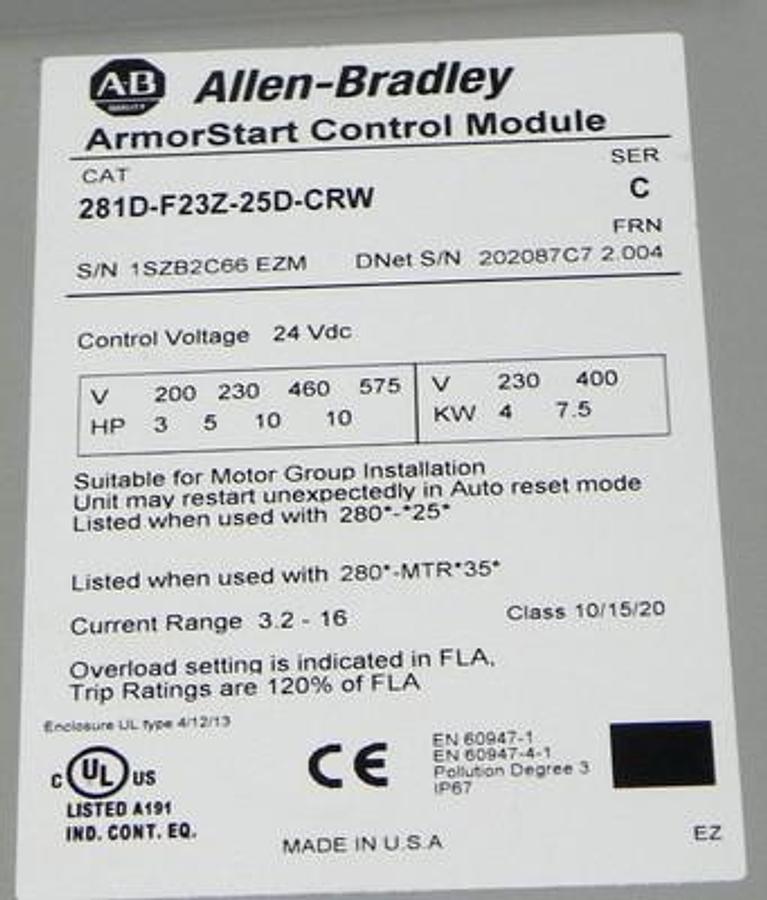Used ALLEN BRADLEY 281D-F23Z-25D-CRW ARMORSMART CONTROL MODULE W/ 280D-FN-10-C BASE
