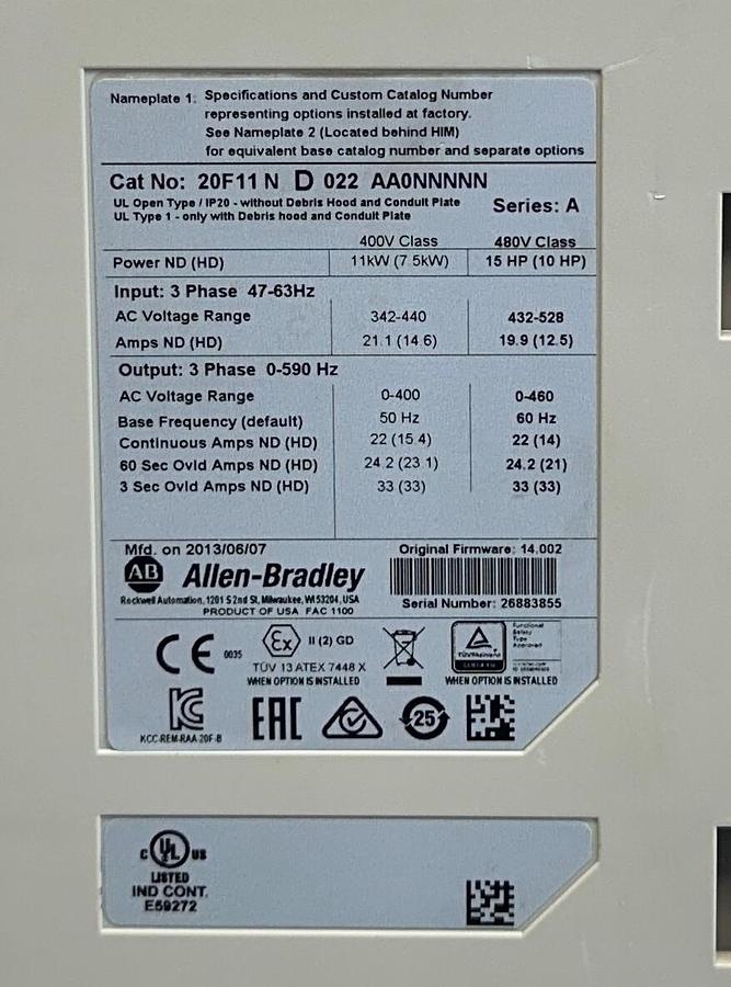 Used ALLEN BRADLEY 20F11ND022AA0NNNNN /A PowerFlex 753 AC DRIVE 11kW/15HP 480V USNP