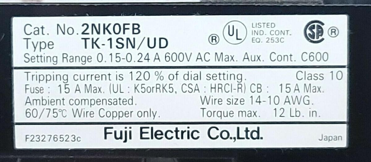 NIB FUJI ELECTRIC TK-1SN/UD 0.15-0.24A THERMAL OVERLOAD RELAY TK1SNUD