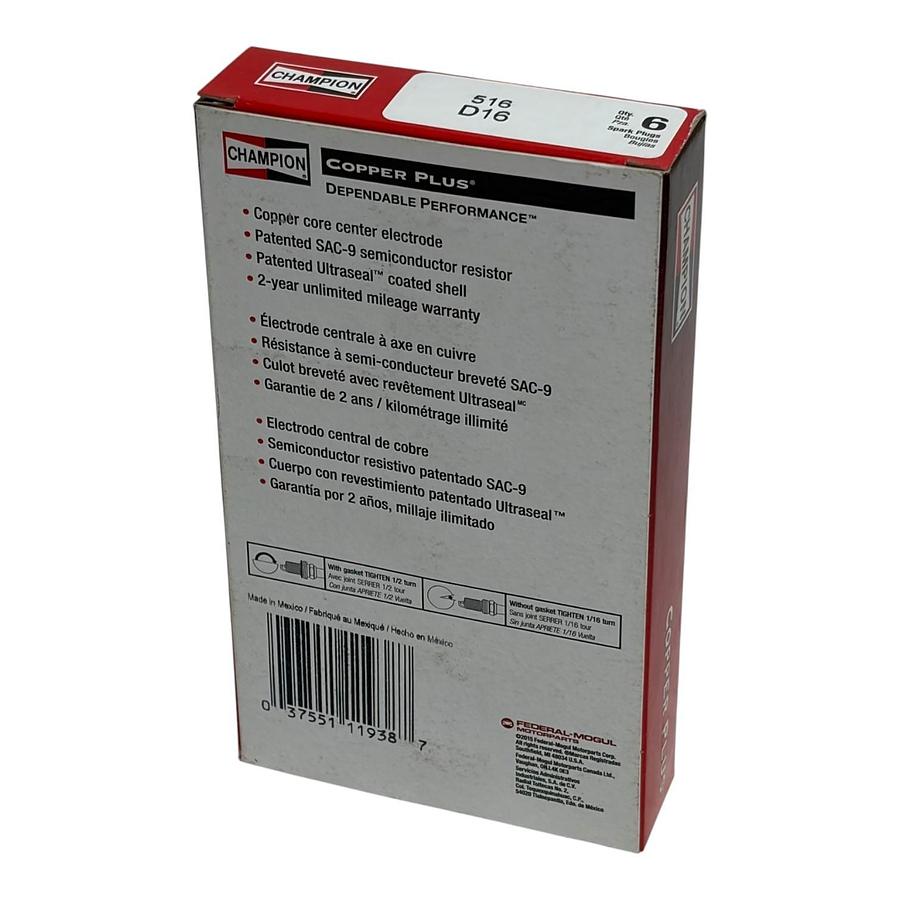 Used Pack of 6 Champion D16 516 Copper Plus Automotive Spark Plugs New