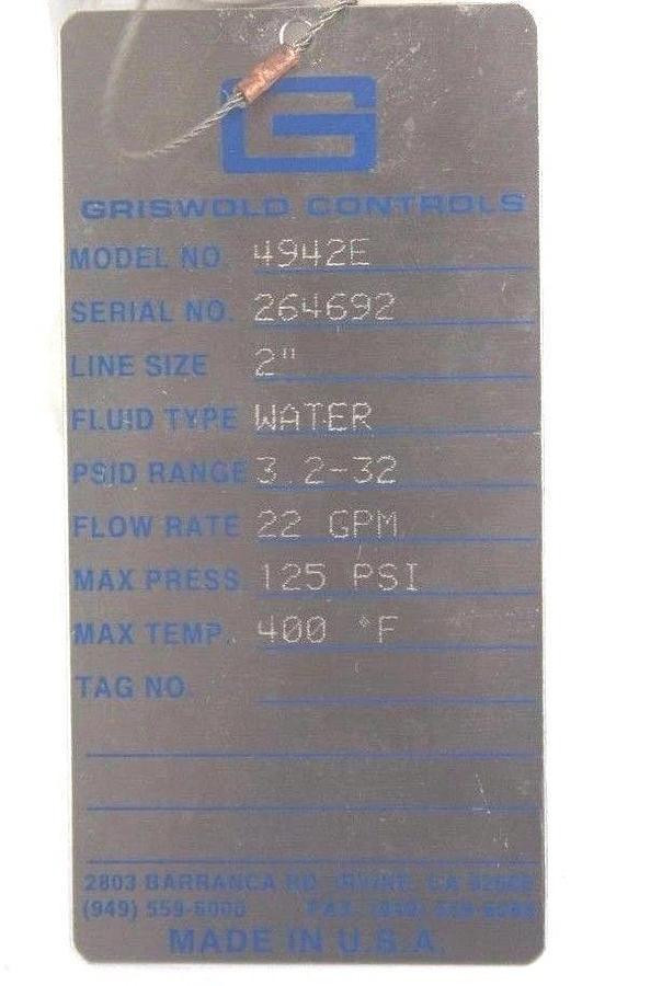 NEW GRISWOLD 4942E TRI-CLOVER 2" SANITARY FLOW REGULATOR VALVE 22 GPM 125PSI