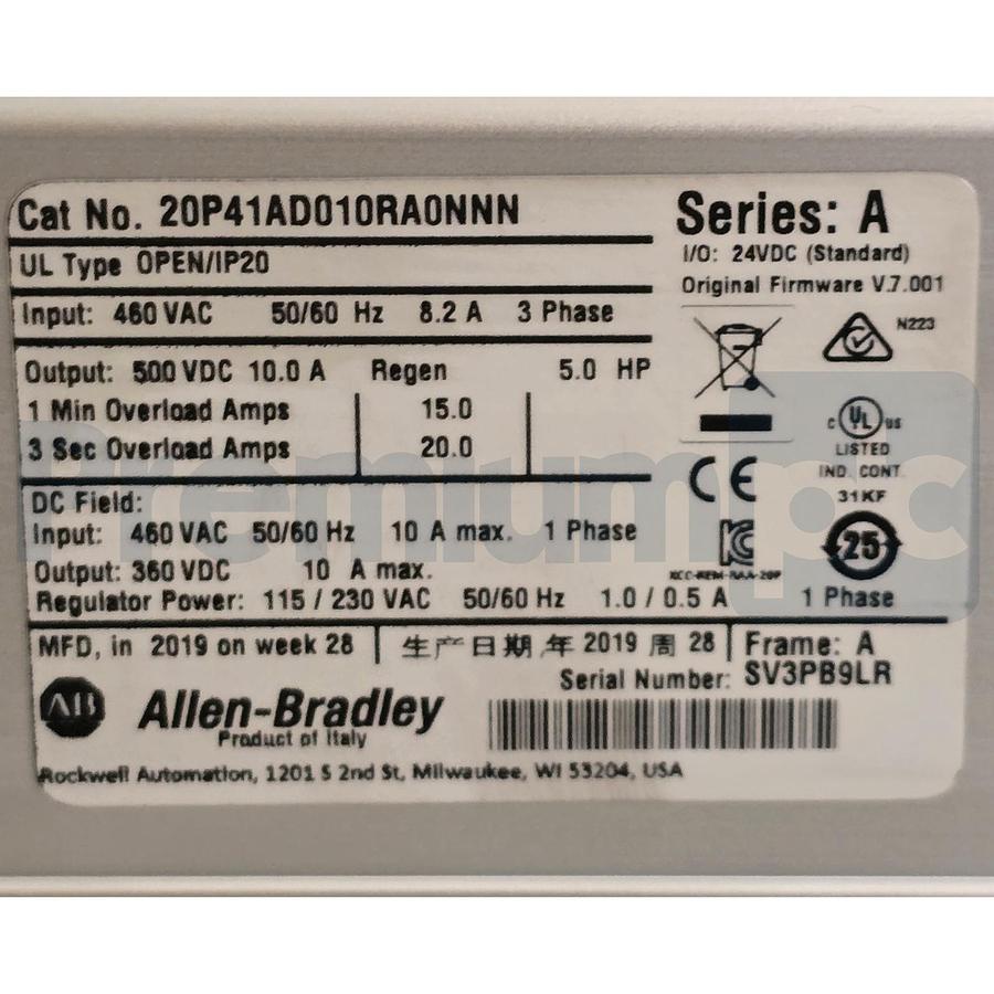 Used Allen-Bradley 20P41AD010RA0NNN /A PowerFlex DC Drive 5HP 460VAC 3PH w/HMI USPI