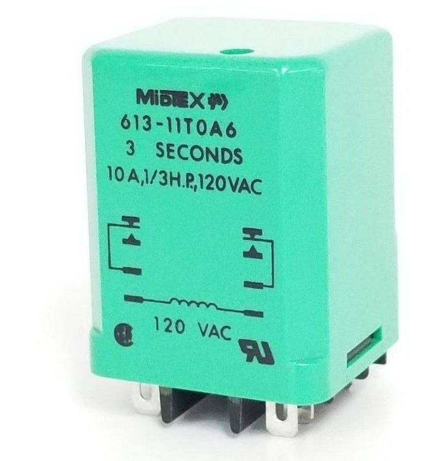 Used NEW MIDTEX 613-11TOA6 RELAY 3SEC, 10A, 1/3HP, 120VAC, 26-1002-8373-3, 61311T0A6