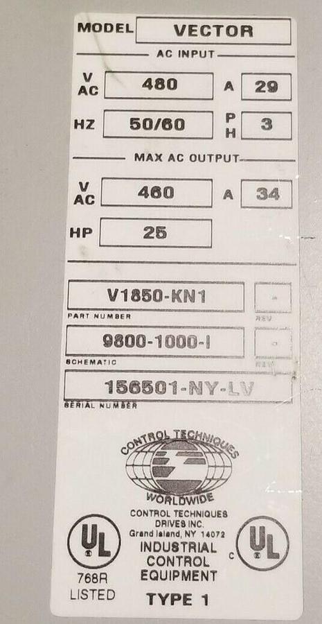 Used CONTROL TECHNIQUES V1850-KN1 FLUX VECTOR DRIVE 9800-1000-I 25HP V1850