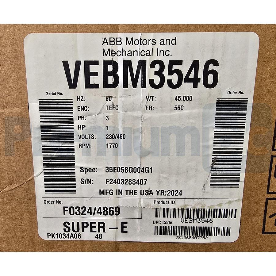 Used ABB Baldor-Reliance VEBM3546 1HP 1760 RPM 3PH 56C TEFC AC Brake Motor 230/460V