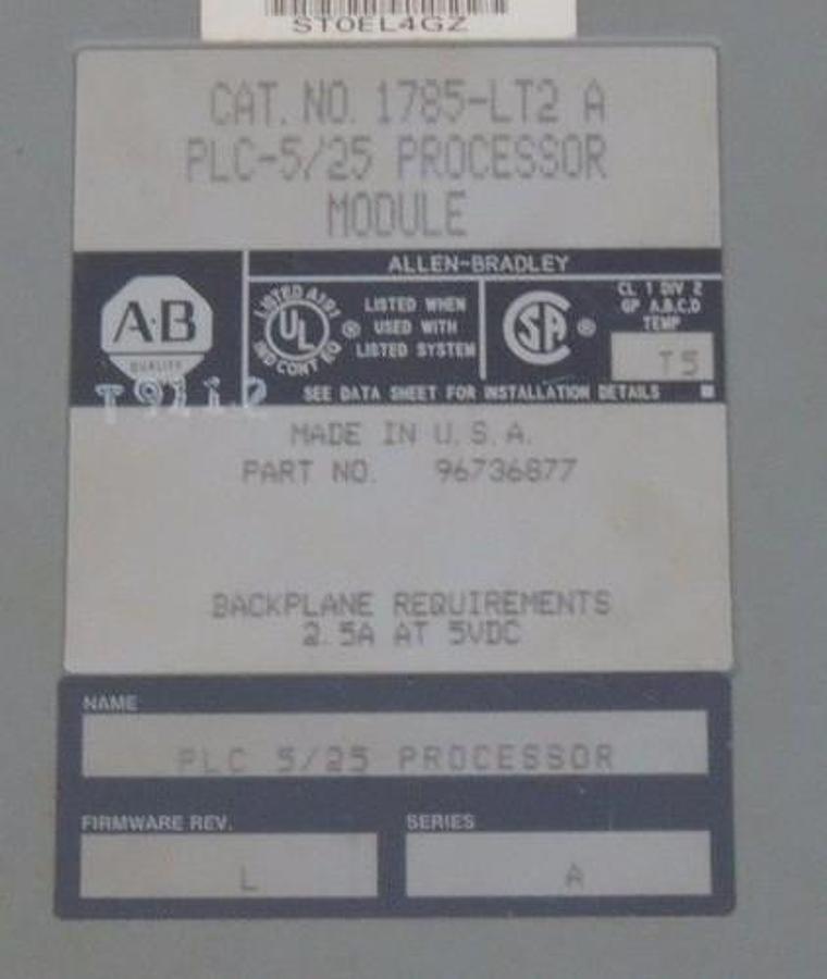 Used ALLEN BRADLEY 1785-LT2/A PROCESSOR MODULE 1785-LT2 SER A F/W REV L P/N 96736877
