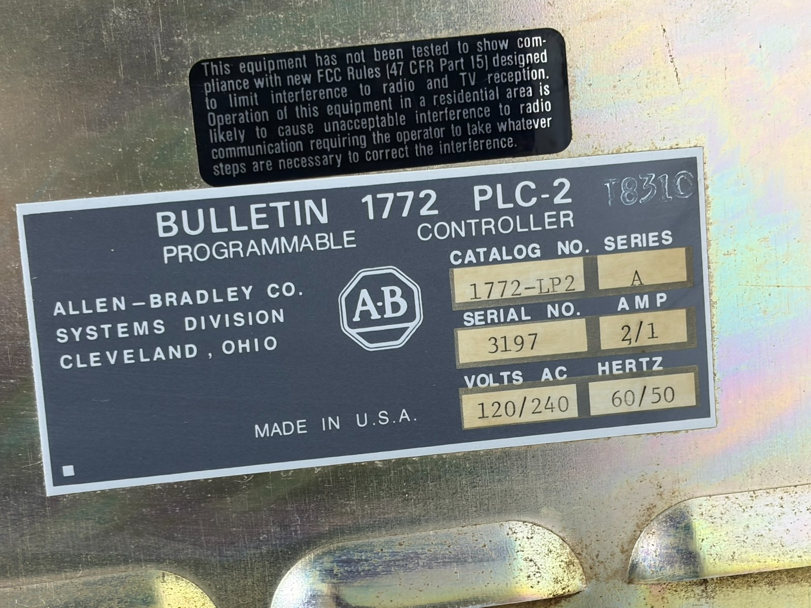 Used Allen-Bradley PLC-2/20 1772-LP2 Programmable Controller Bulletin 1772 Series A