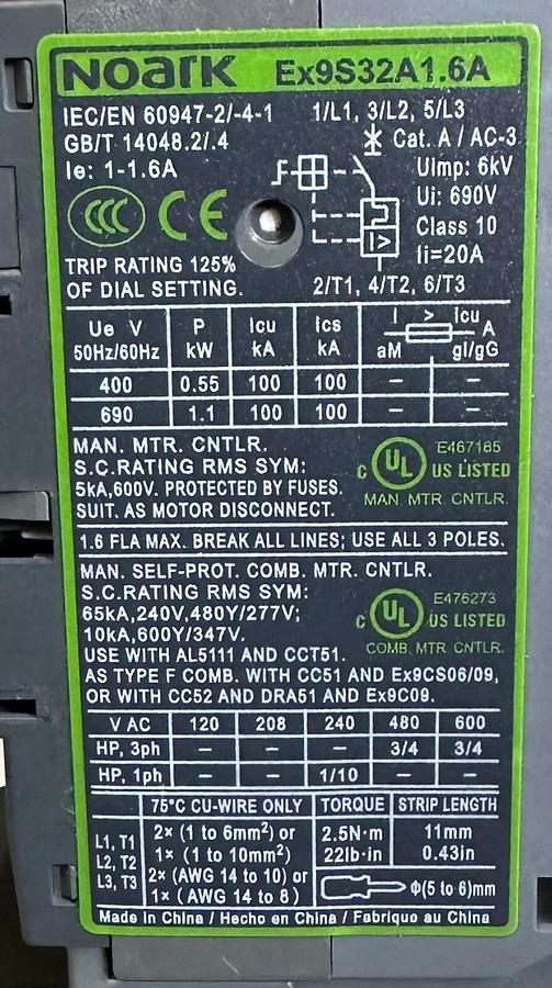 Used NOARK Ex9S32A1.6A / Ex9S32A16A MANUAL MOTOR STARTER Ex9CS12 Ex9S32 Ex9CS12D10