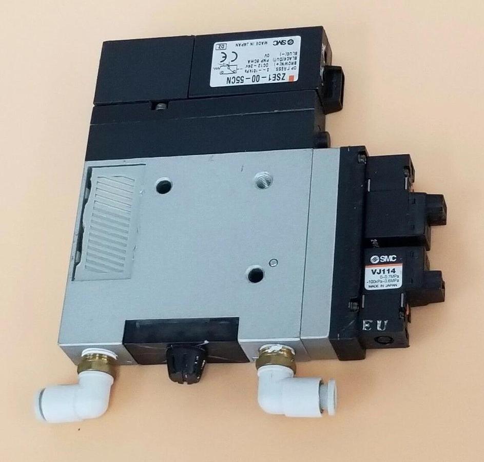 Used SMC ZM131H VACUUM EJECTOR W/ ZSE1-00-55CN SWITCH, VJ114 & VJ114-5LOZ SOLENOIDS