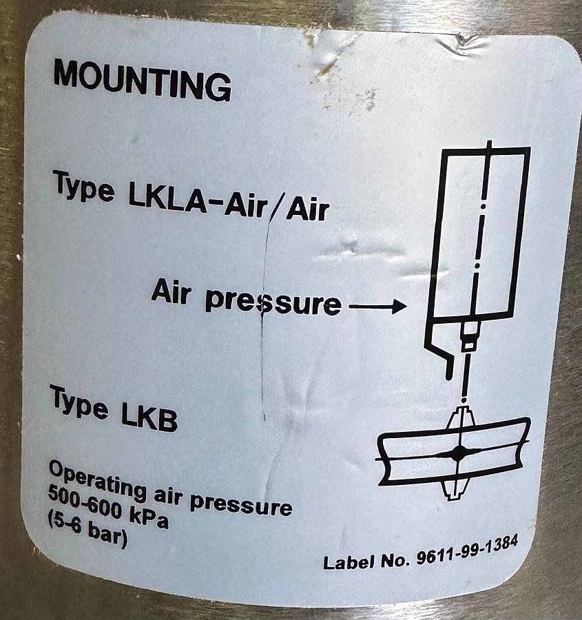 Used ALFA LAVAL LKLA -AIR/AIR / LKLA AA PNEUMATIC ACTUATOR 8mm TYPE LKB 500-600kPa