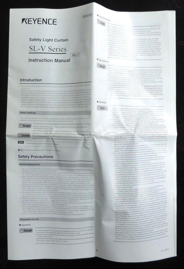 Used KEYENCE SAFETY LIGHT CURTAIN SL-V SERIES INSTRUCTION MANUAL VER. 3