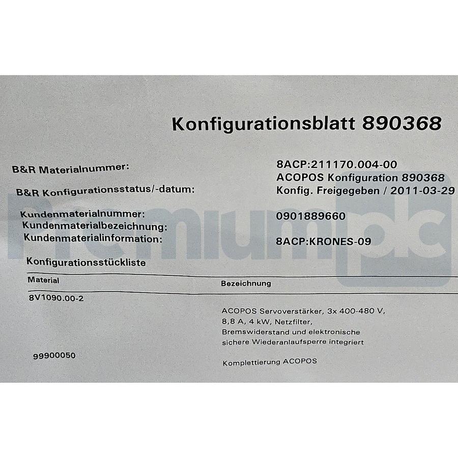 B&R ACOPOS 1090 8V1090.00-2 | 3x400-480V 8ACP:211170.004-00 KRONES 0901889660