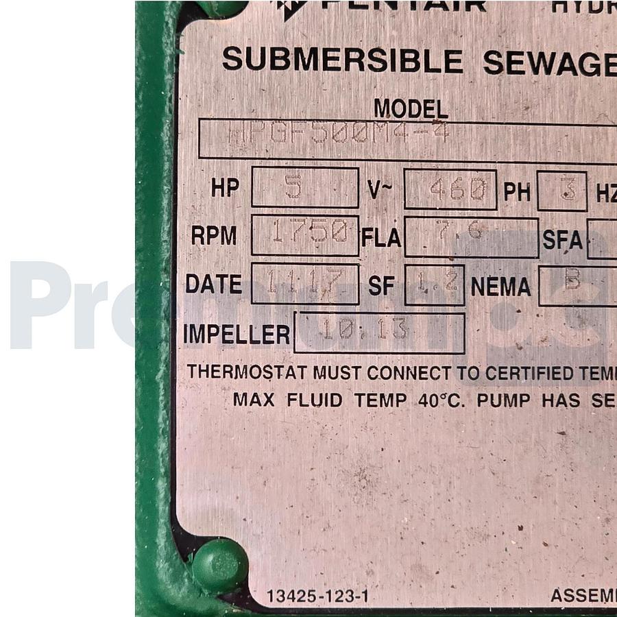 PENTAIR HYDROMATIC HPGF500M4-4 SUBMERSIBLE SEWAGE PUMP 5HP 460V 515111147 NSMP