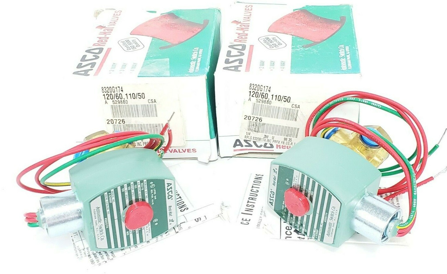 Used (2) NIB ASCO 8320G174 SOLENOID VALVES 120/60 - 110/50, 1/4 PIPE, 17.1 WATTS