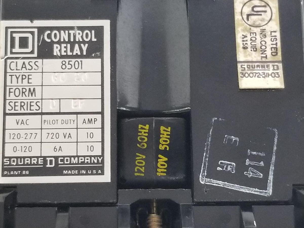 Used SQUARE D 8501-G0-20 AC CONTROL RELAY 8501G020 SERIES D, 8501-GO-20