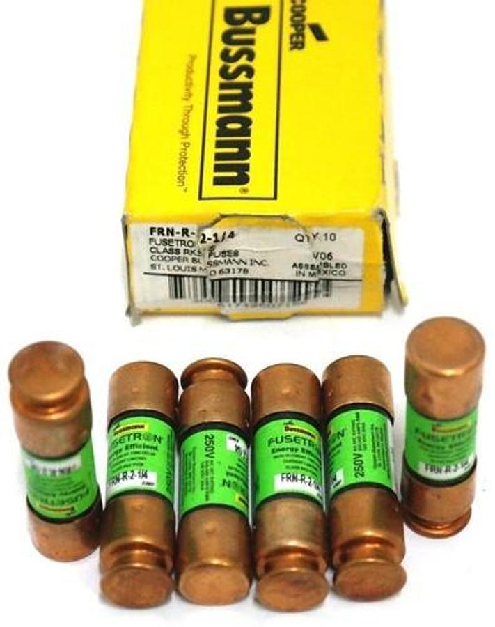 Used BOX OF 6 NEW COOPER BUSSMANN FRN-R-2-1/4 FUSES, 250V