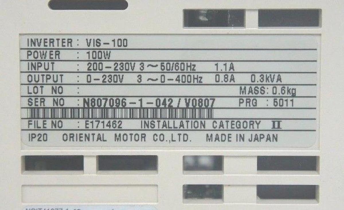 Used ORIENTAL MOTOR VIS-100 AC DRIVE 100W, MODEL VI90S VIS100