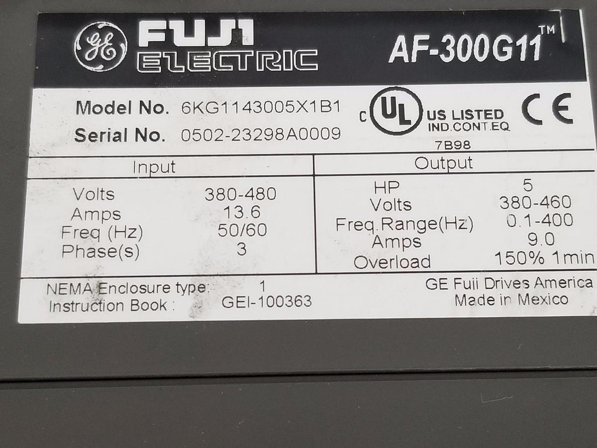 Used FUJI ELECTRIC 6KG1143005X1B1 INVERTER DRIVE 5HP, 13.6A 380/480VAC AF-300G11