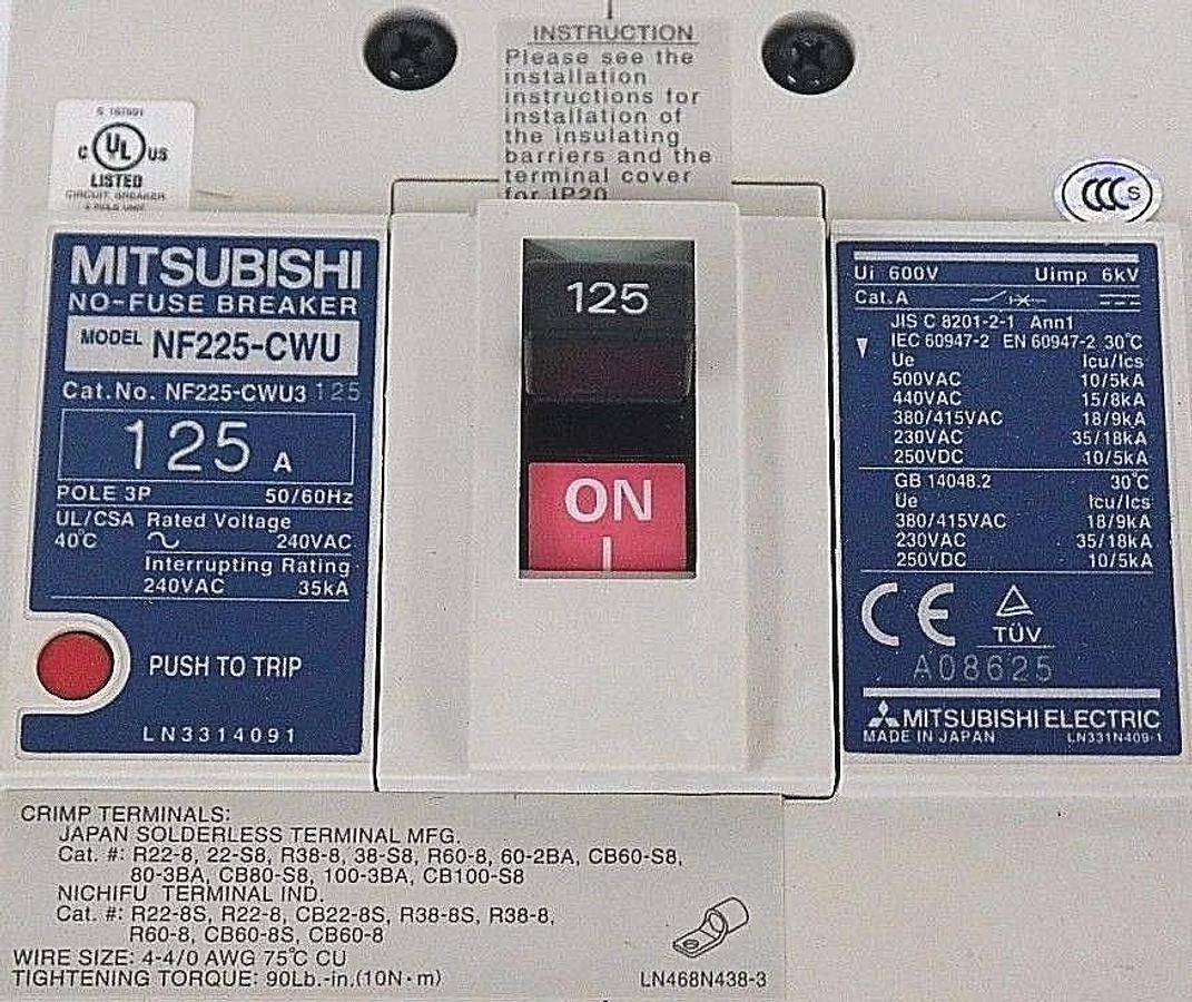 Used NIB MITSUBISHI NF225-CWU3 CIRCUIT BREAKER 125A, 3P, NF225-CWU NF225CWU3125