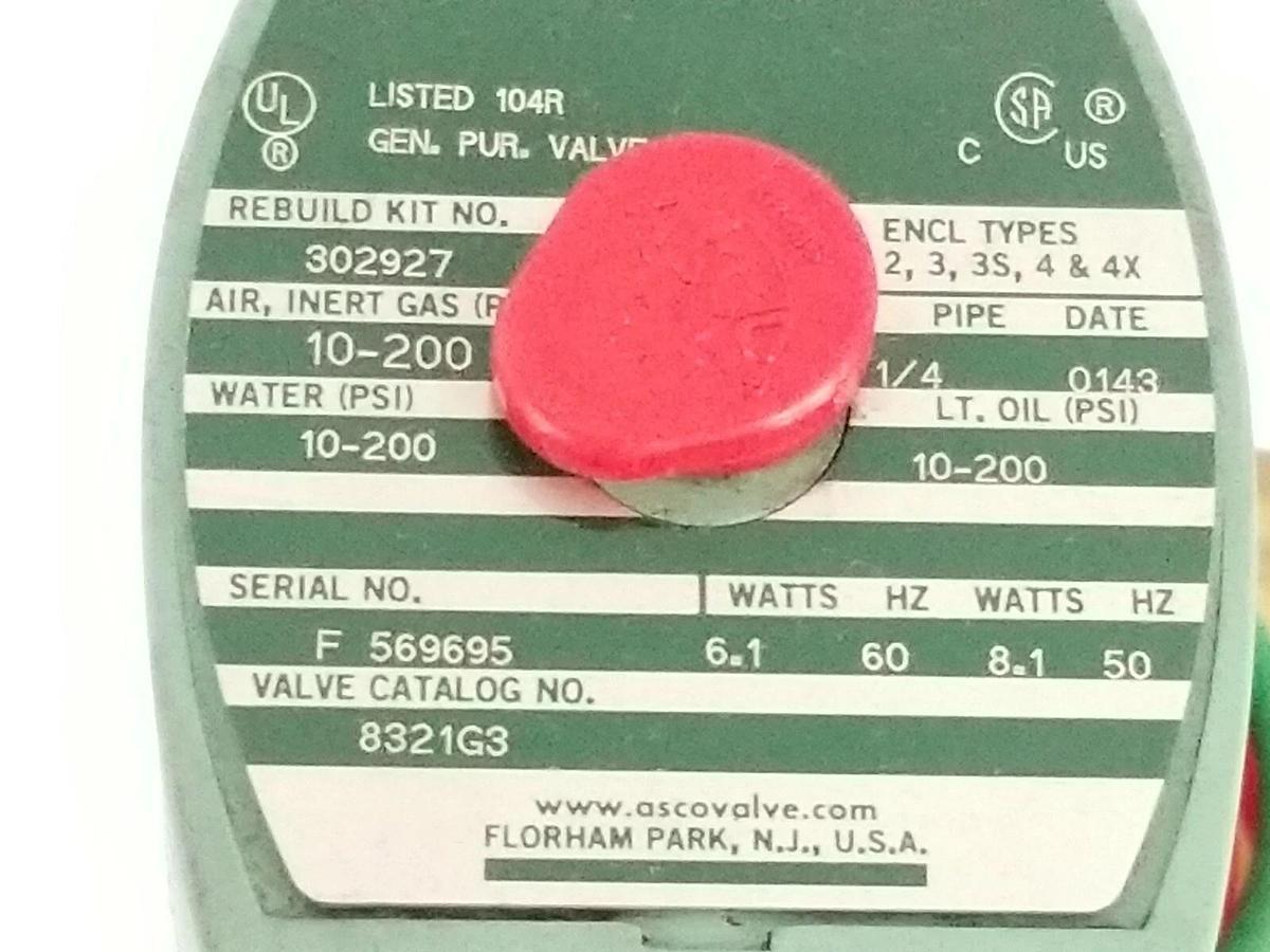 NIB ASCO RED-HAT 8321G3 SOLENOID VALVE 3-WAY 1/4'' IN. 110/120V 50/60HZ 20791