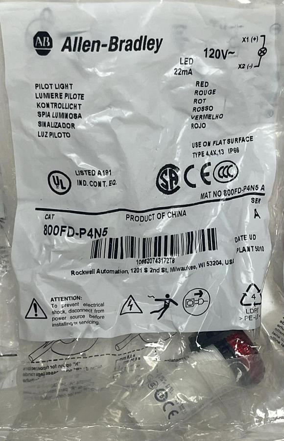 Lot of 15 Allen-Bradley 800FD-P4N5 Pilot Light Red LED 120VAC 22.5mm New Sealed