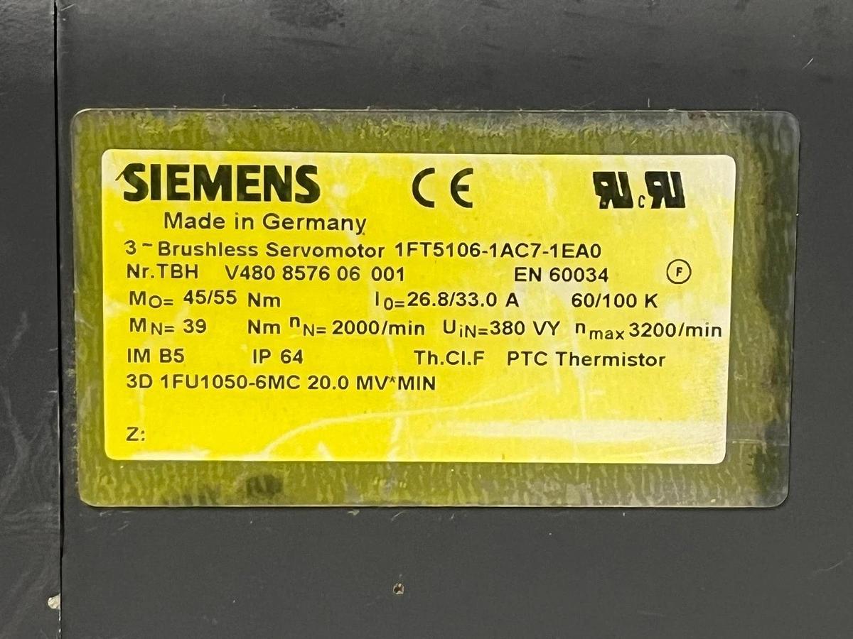Siemens 1FT5106-1AC71-1EA0 AC Feed Drive Motor 600V 55Nm 2000 RPM w/o Brake NSNP