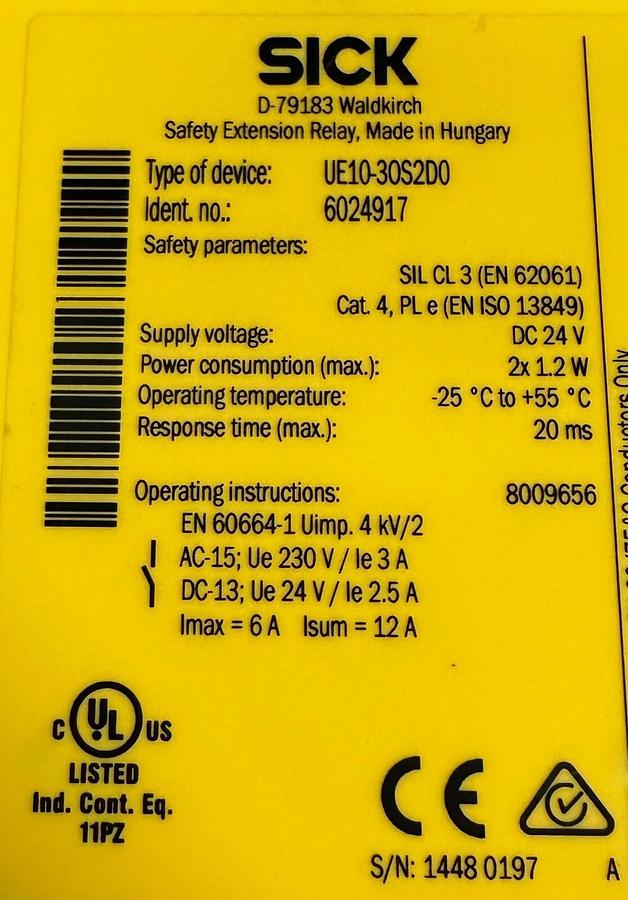 Used SICK UE10-3OS2D0 / UE103OS2D0 SAFETY RELAY 6024917 24VDC 2.4W UE10-3OS