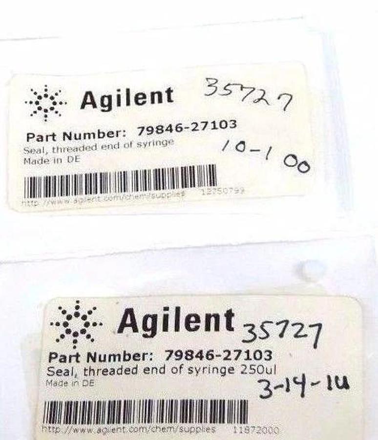 Used (2) NEW AGILENT TECHNOLOGIES 79846-27103 SEALS, THREADED END OF SYRINGE 250uL