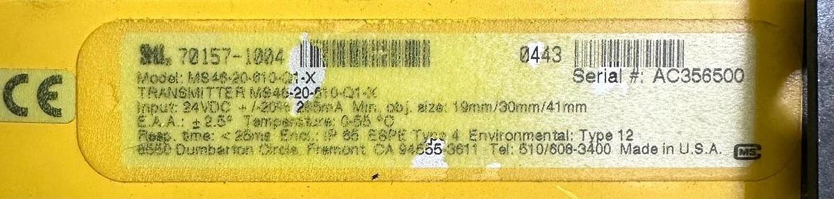 Used STI 70157-1004 / 70158-1004 24'' LIGHT CURTAIN TRANSMITTER / RECEIVER 4600 MS46
