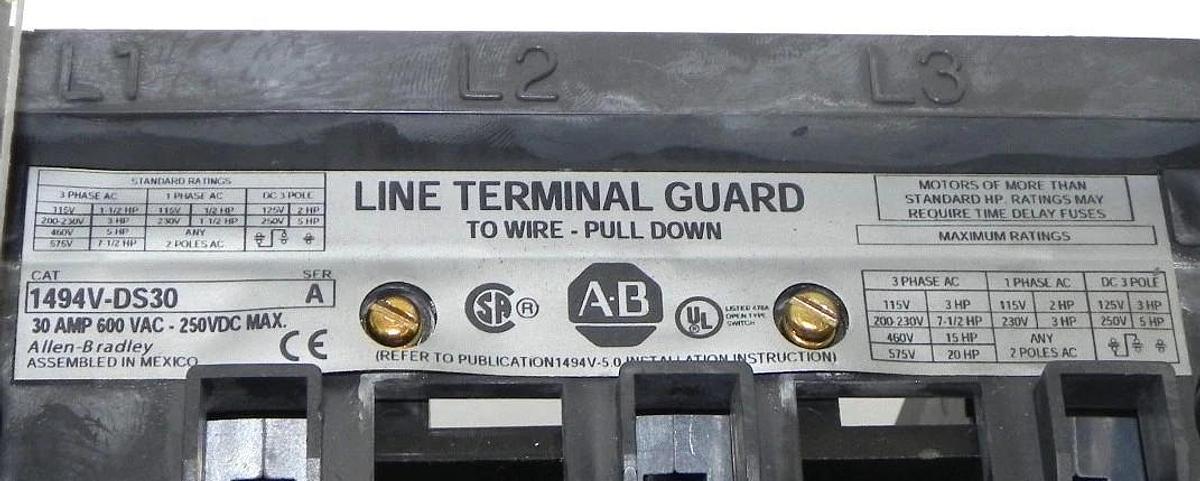 Used ALLEN BRADLEY 1494V-DS30 DISCONNECT SWITCH RIGHT HAND 30AMP 600VAC SER. A