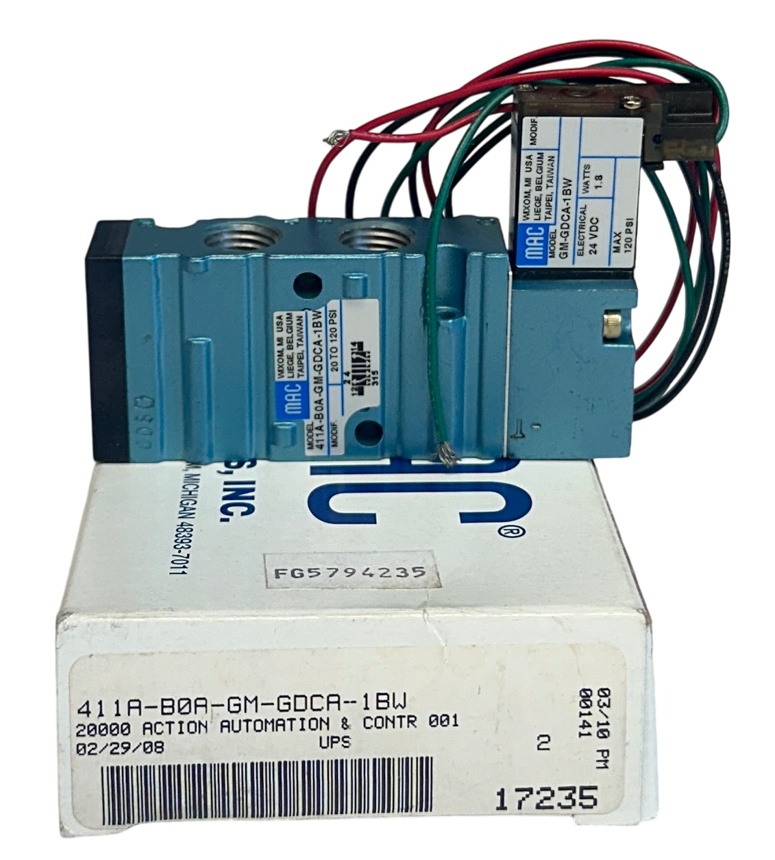 Used MAC 411A-B0A-GM-GDCA-1BW / 411AB0AGMGDCA1BW SOLENOID VALVE 24VDC 1.8W COIL NSMP