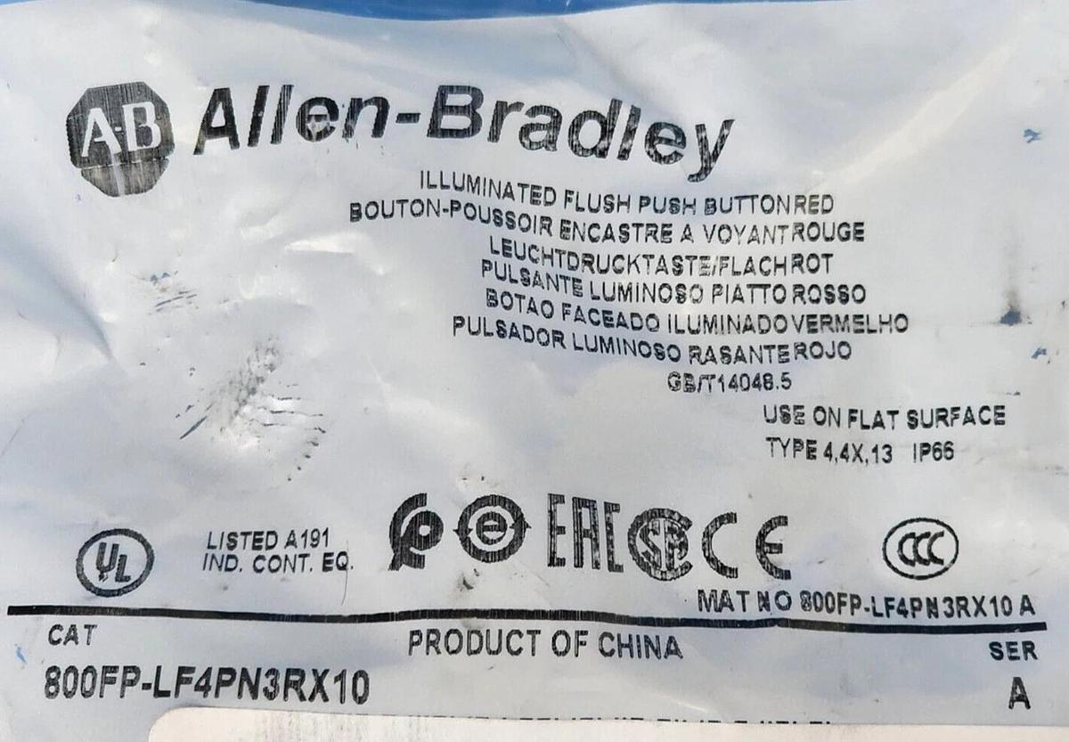 Used NEW ALLEN BRADLEY 800FT-LF4PN3RX10 FLUSH PUSH BUTTON RED SER. A
