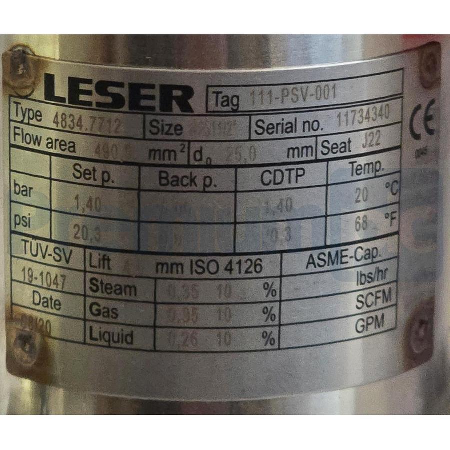 Used LESER 4834.7712 Type 483 Safety Relief Valve 1.5" x 2" NPS 316L/SS 20.3psi NSNP