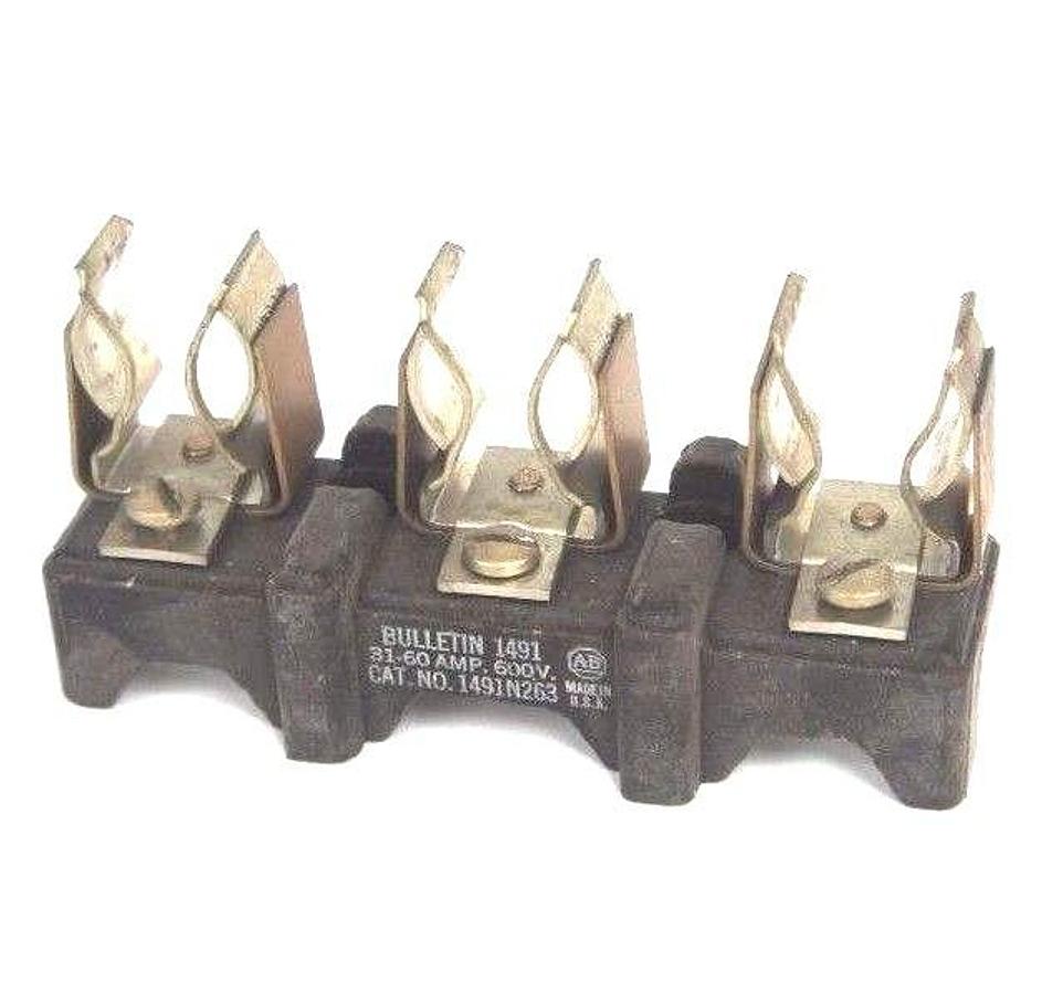 Used LOT OF 4 ALLEN BRADLEY 1491-N263 FUSE BLOCKS 31-60AMP, 600V, 3POLE, 1491N263