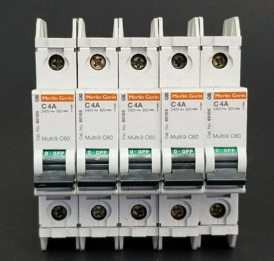 Used LOT OF 5 MERLIN GERIN CAT. NO. 60105 MULTI9 C60 CIRCUIT BREAKERS C4A 240V/60V