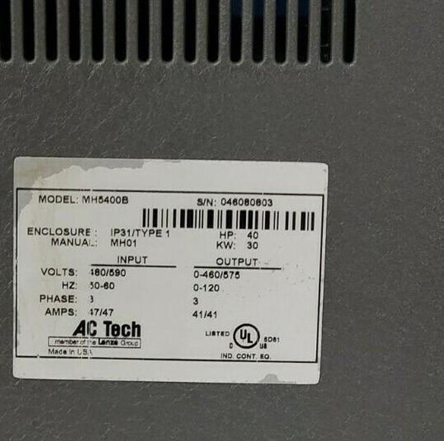 Used LENZE AC TECH MH5400B AC DRIVE, 30KW, 40HP, 3 PHASE, 480/590V IN, 0-460/575V OUT