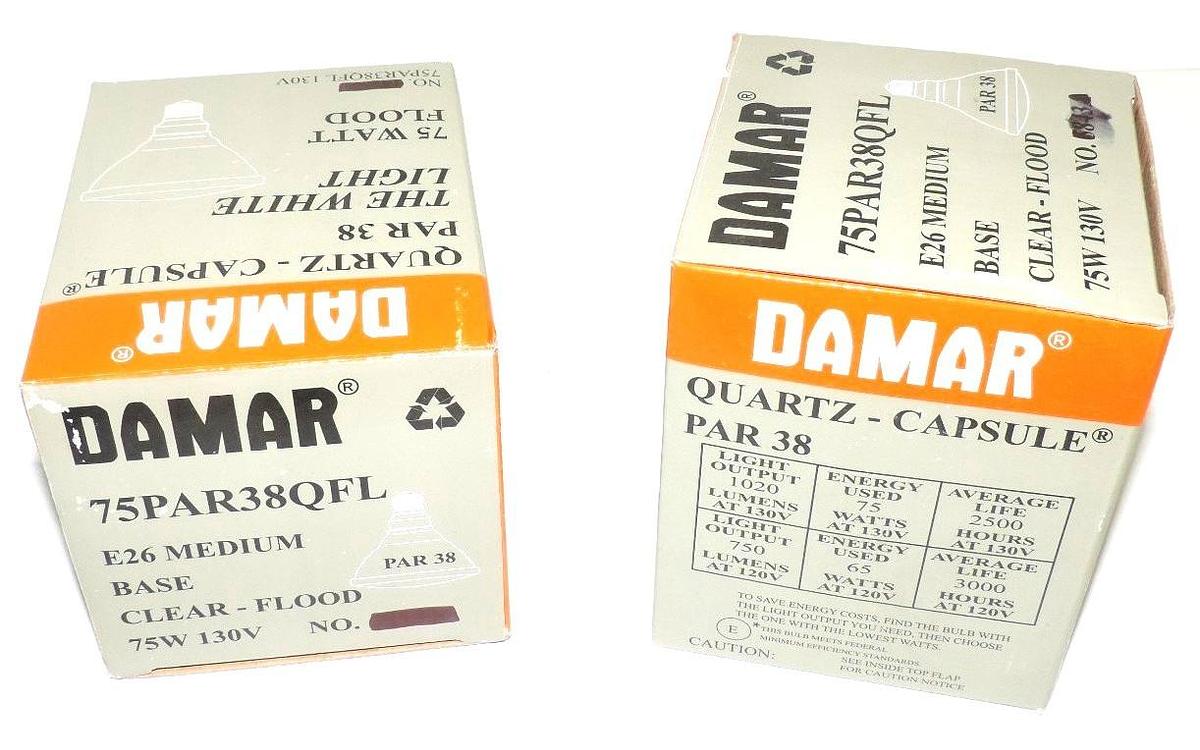 Used LOT OF 2 NIB DAMAR 75PAR38QFL CLEAR FLOOD LIGHTS, E26 MEDIUM, 75 WATT, 130 VOLT
