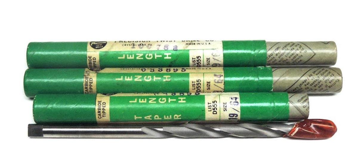 Used LOT OF 3 NEW PRECISION TWIST CARBIDE TIPPED DRILL 19/64 STRAIGHT TWIST BITS D555