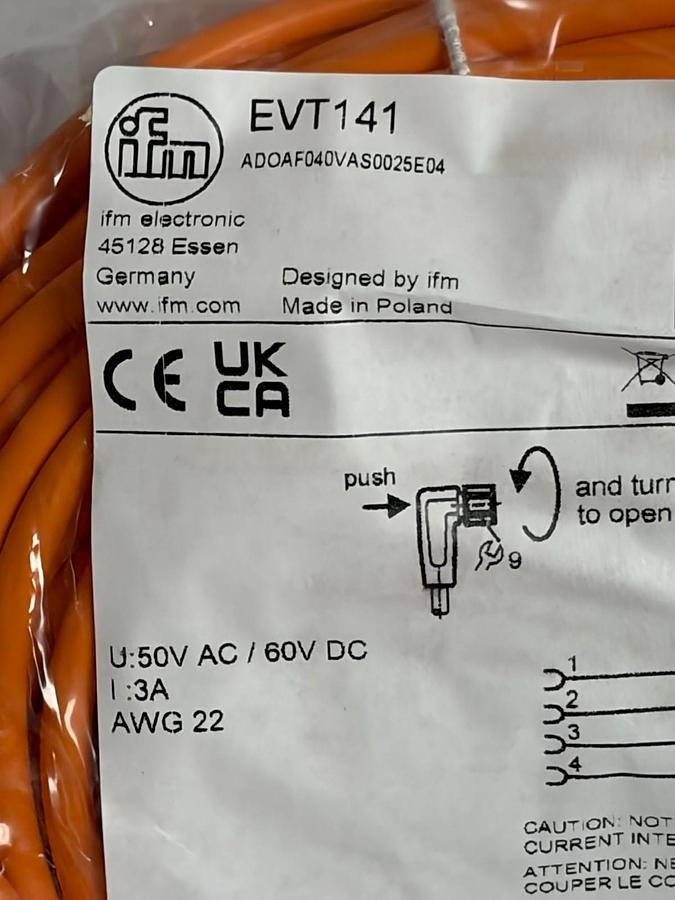ifm electronic EVT141 M12 Right-Angle Female 4-Pin 25m Orange Sensor Cable New