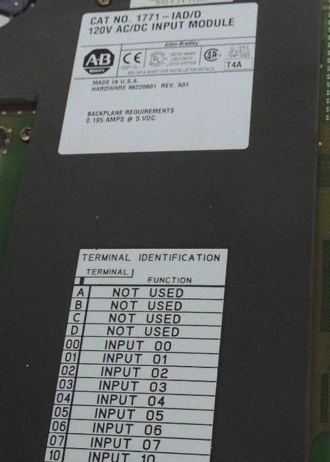 Used ALLEN BRADLEY 1771-IAD/D INPUT MODULE 1771IADD, REV. A01 HARDWARE 96220601