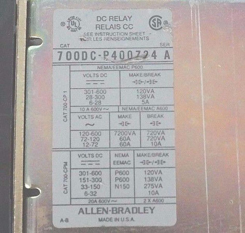 Used ALLEN BRADLEY 700DC-P400Z24 CONTROL RELAY SER. A, TYPE P W/ 700-PB40 ADDER DECK