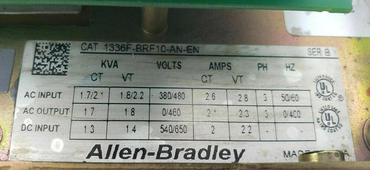 Used ALLEN BRADLEY 1336F-BRF10-AN-EN AC DRIVE 1336FBRF10ANEN SER. B, 164989