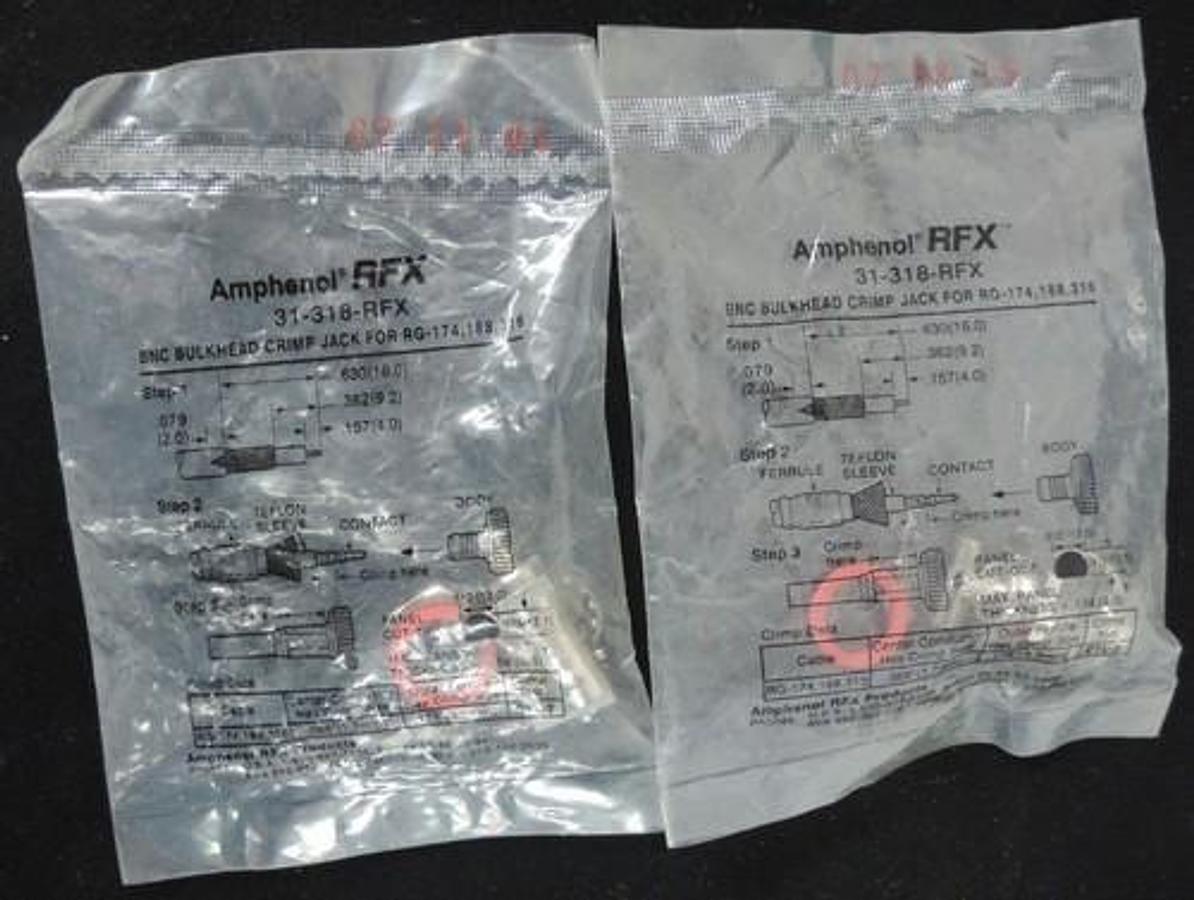 LOT OF 2 NEW AMPHENOL RFX 31-318-RFX, RF/COAXIAL CRIMP JACK FOR RG-174, 188, 316