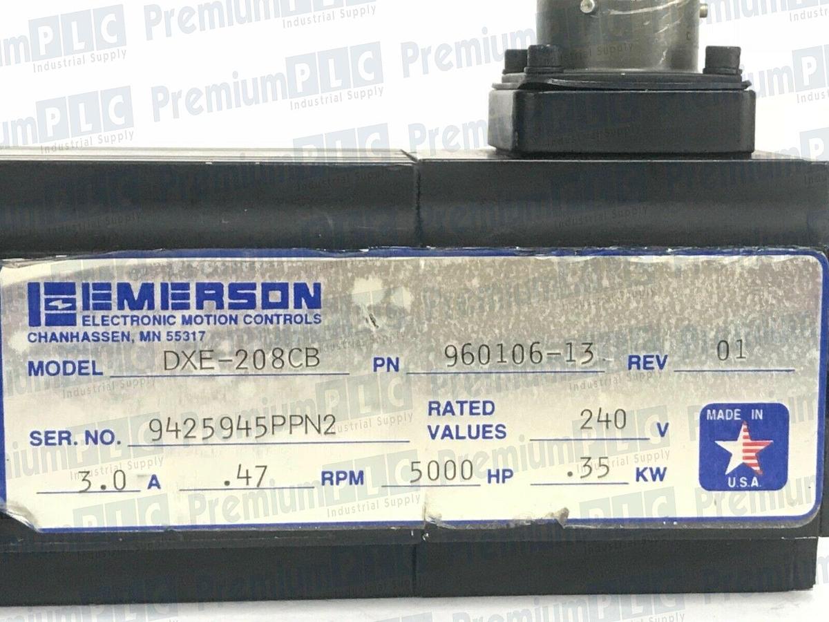Used EMERSON DXE-208CB SERVO MOTOR 240VAC 5000RPM 3A .47HP, 960106-13 REV 01 DXE208CB