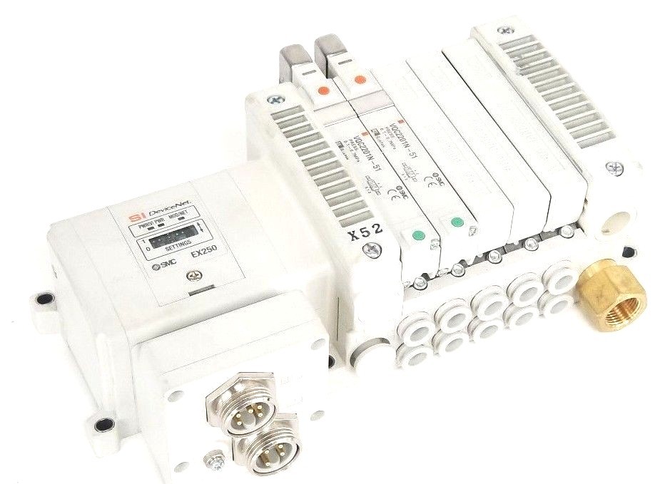 Used SMC SI DEVICENET EX250-SDN1-X122 MANIFOLD W/ (2) VQC2201N-51 & (3) VQC2201N-51