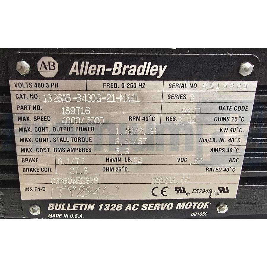 Refurbished Allen-Bradley 1326AB-B430G-21-MK4L /B Servo Motor 460V 3PH w/Brake 24V REPAIRED